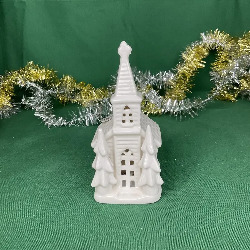 White Ceramic Light Up Church Christmas Ornament LED Glowing Chapel Pine Trees